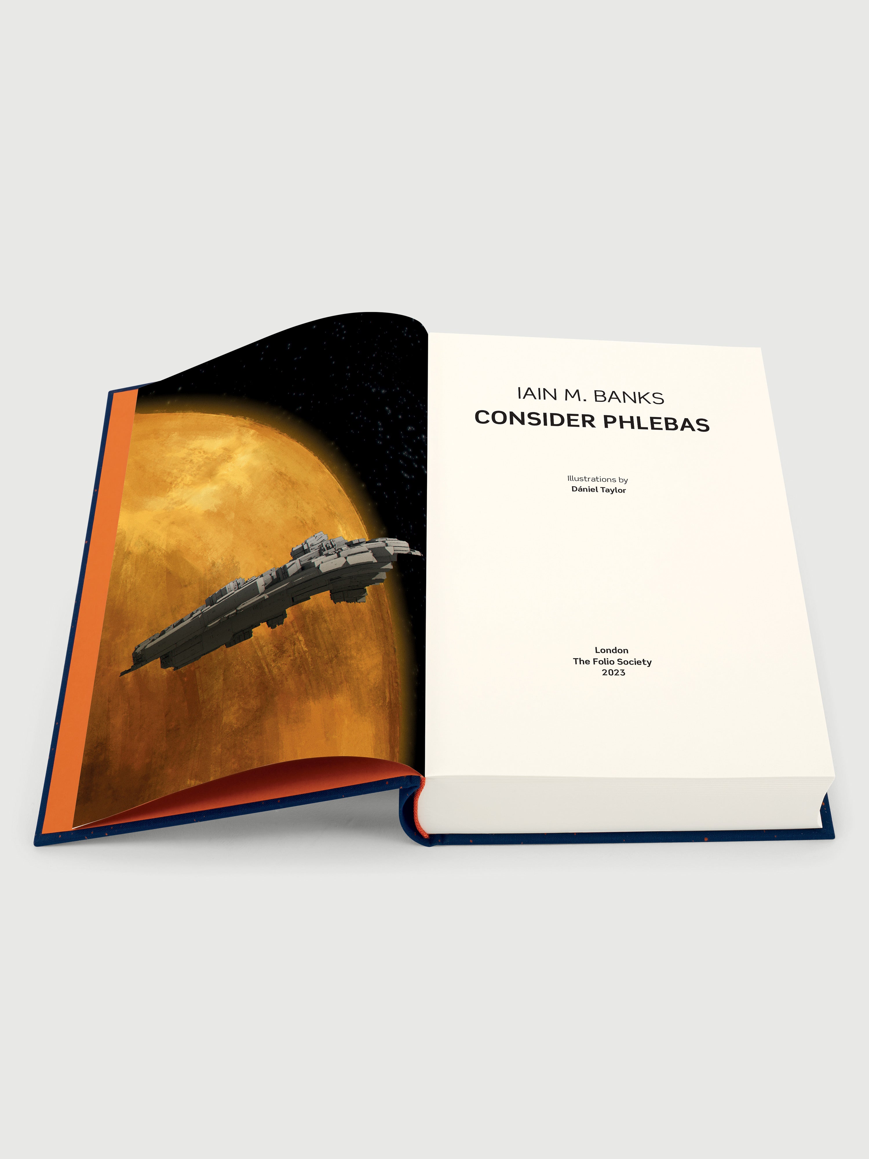 Иллюстрированный разворот книги Consider Phlebas: космический корабль на фоне жёлтой планеты