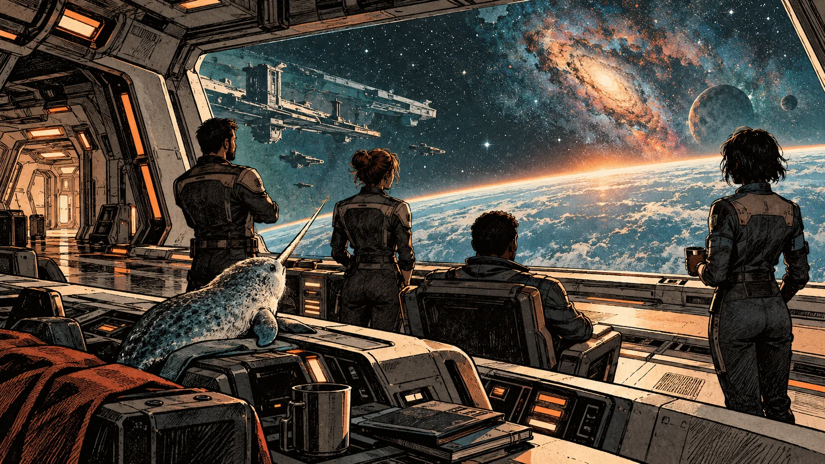 Экипаж Mass Effect у панорамного окна корабля; рядом нарвал-маскот