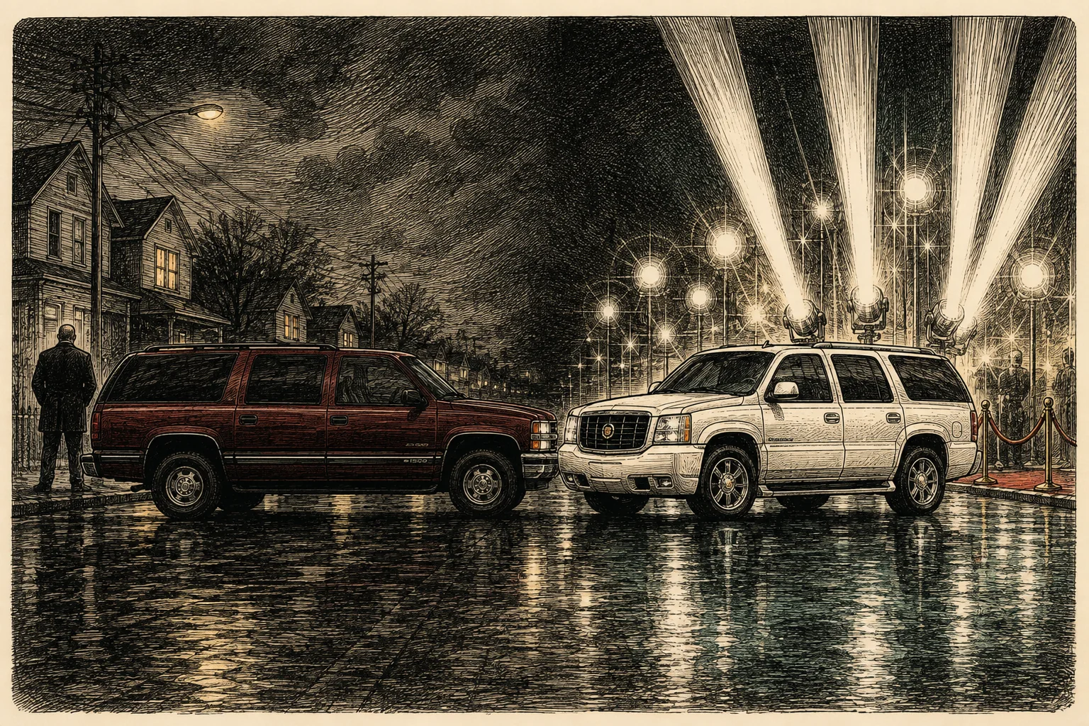 Тушевая иллюстрация: бордовый Chevrolet Suburban и белый Cadillac Escalade встречаются на ночной улице