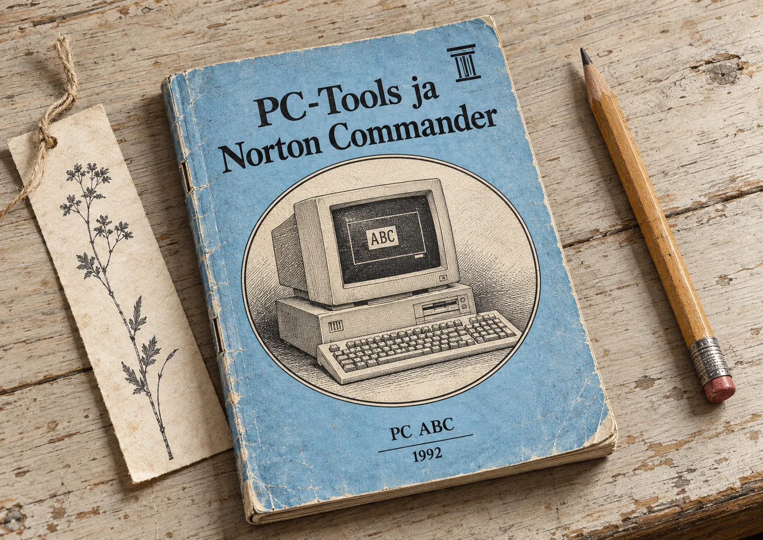 Реконструкция голубой обложки эстонской брошюры PC-Tools ja Norton Commander 1992 года на деревянном столе