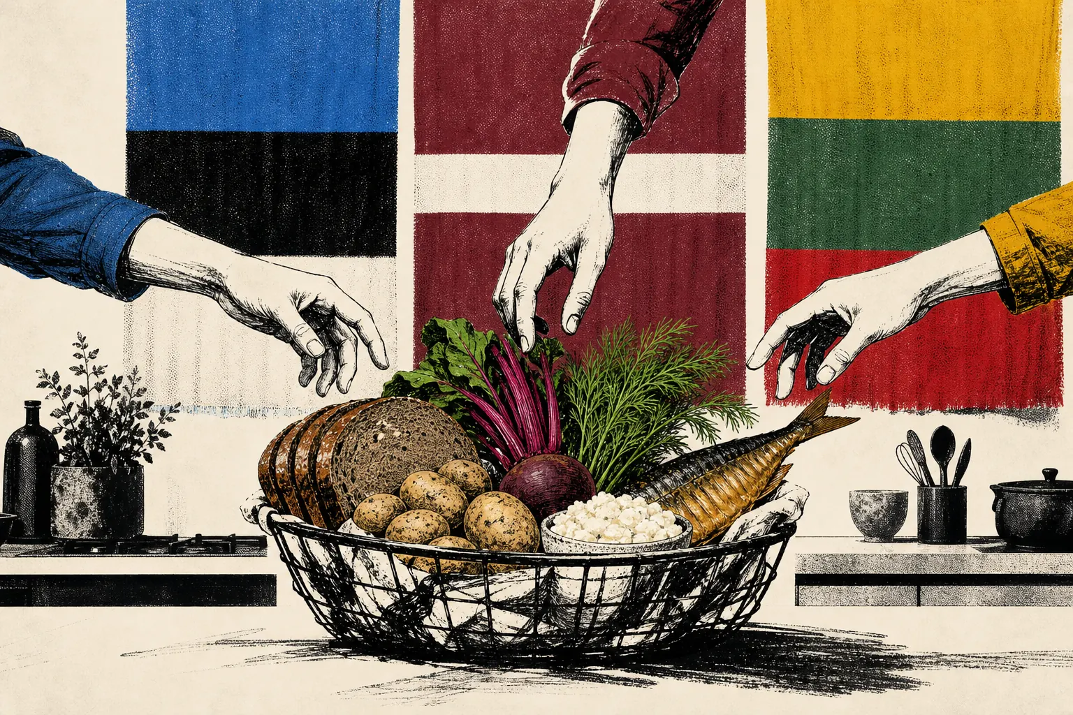 Тушевая иллюстрация: три руки тянутся к общей продуктовой корзине на фоне графически обыгранных флагов Эстонии, Латвии и Литвы