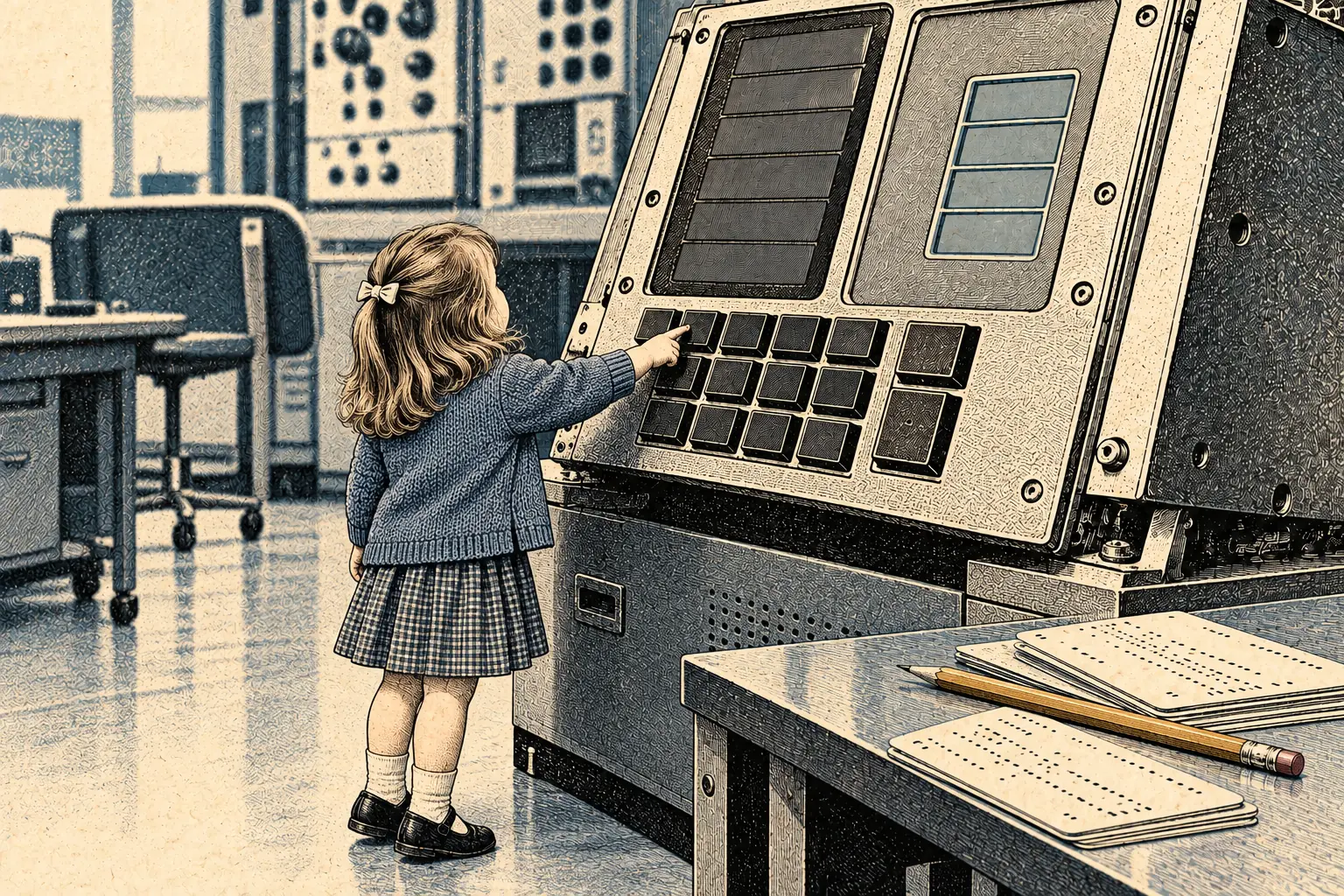 Маленькая девочка тянется к клавише большого тренажёра Apollo, рядом лежат перфокарты