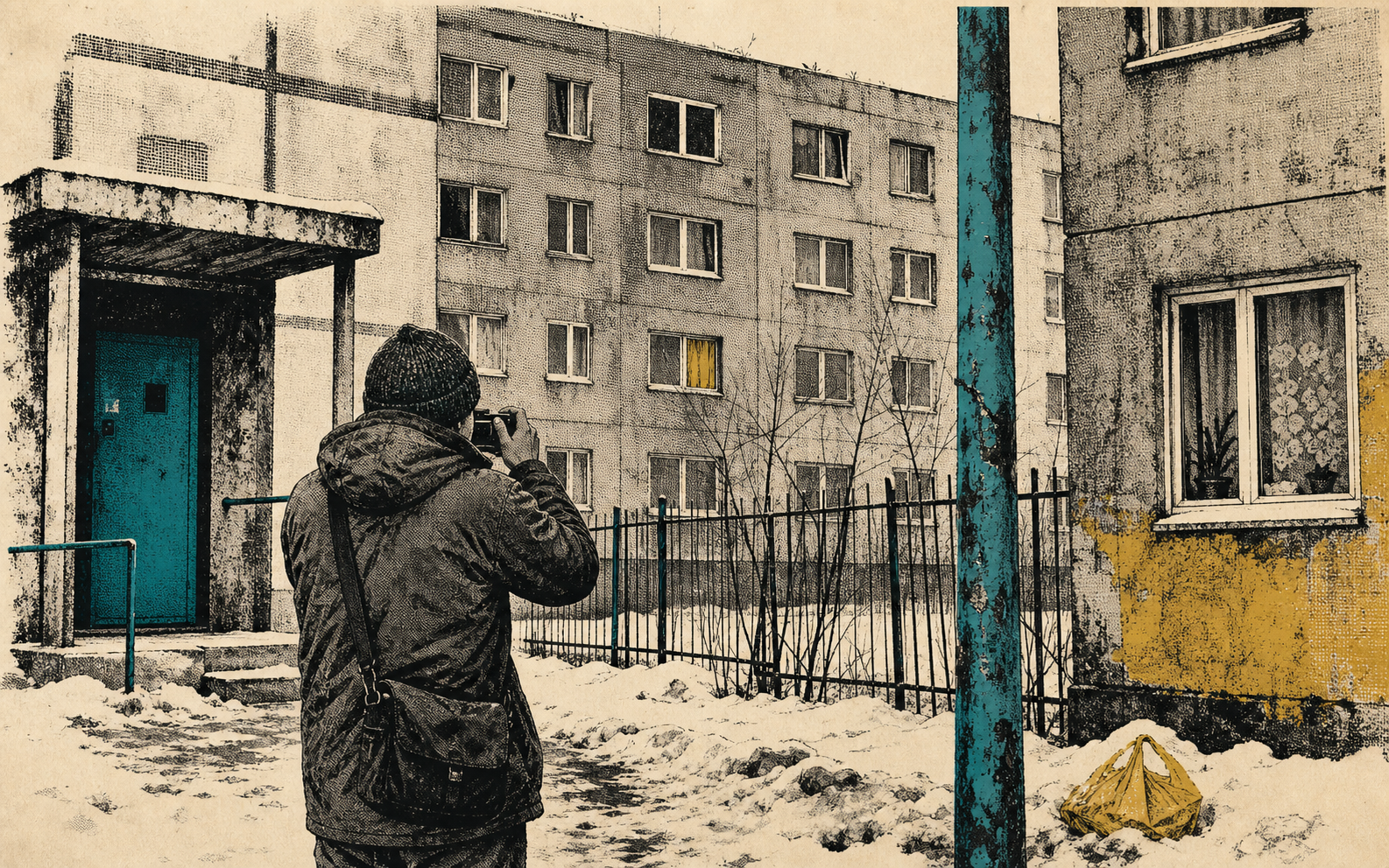Тушевая иллюстрация: фотограф с камерой в нарвском дворе