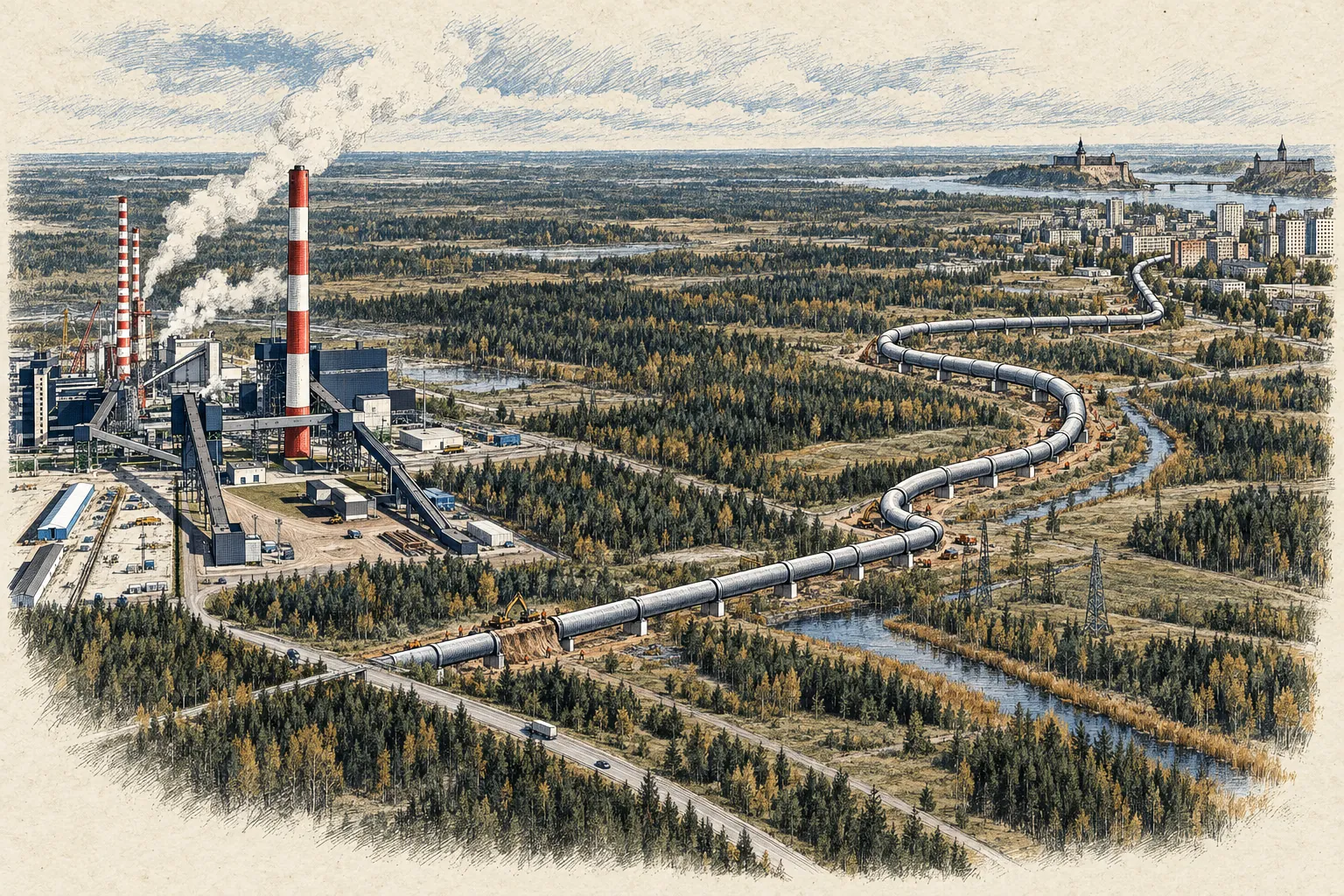 Двадцатикилометровая теплотрасса тянется от Эстонской электростанции к Нарве