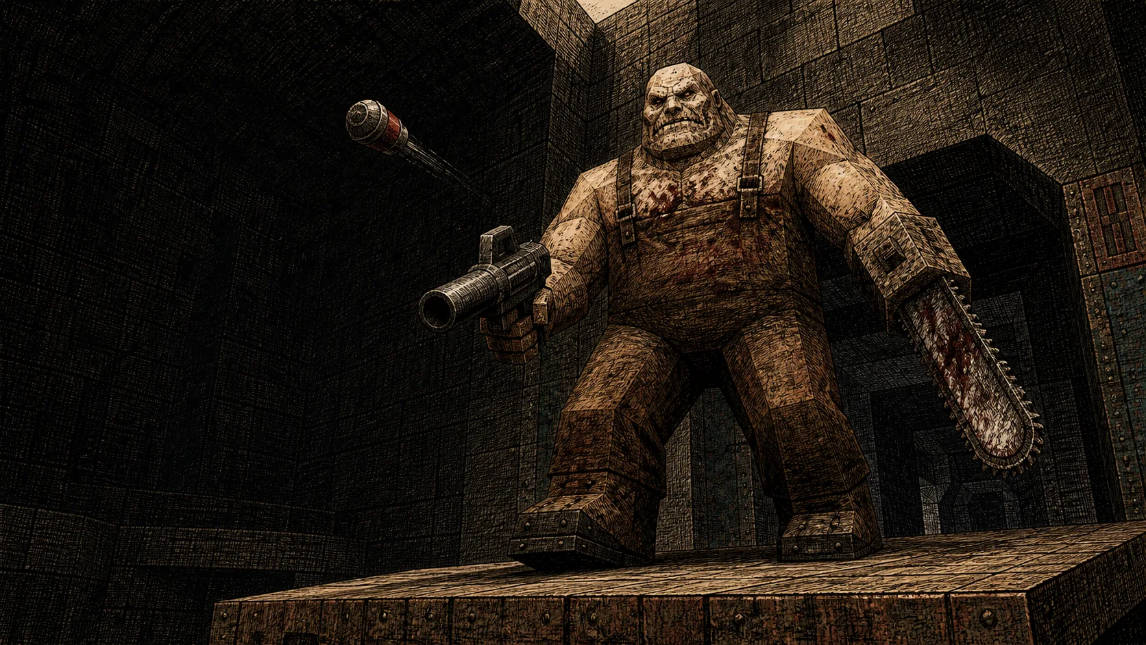 Тушевая иллюстрация: огр из Quake с гранатомётом и бензопилой на каменной платформе