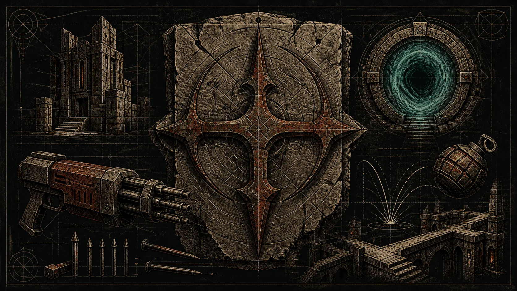 Тушевая иллюстрация: руна, Slipgate, nailgun и граната из визуального языка Quake