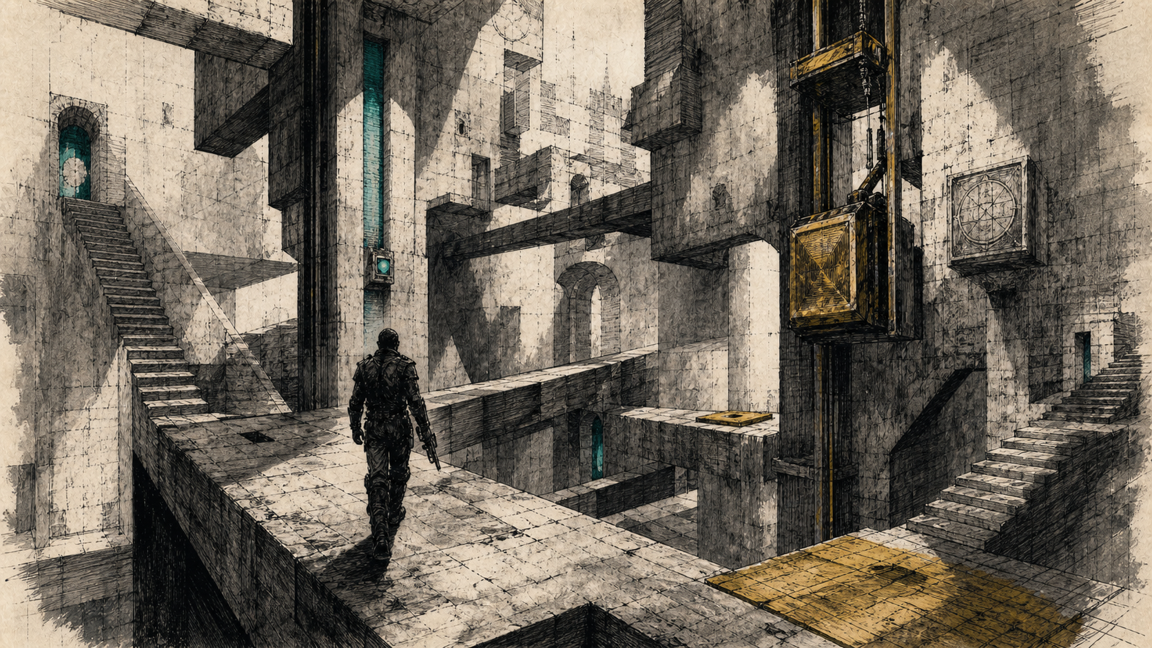 Тушевая иллюстрация: невозможная геометрия уровня Quake