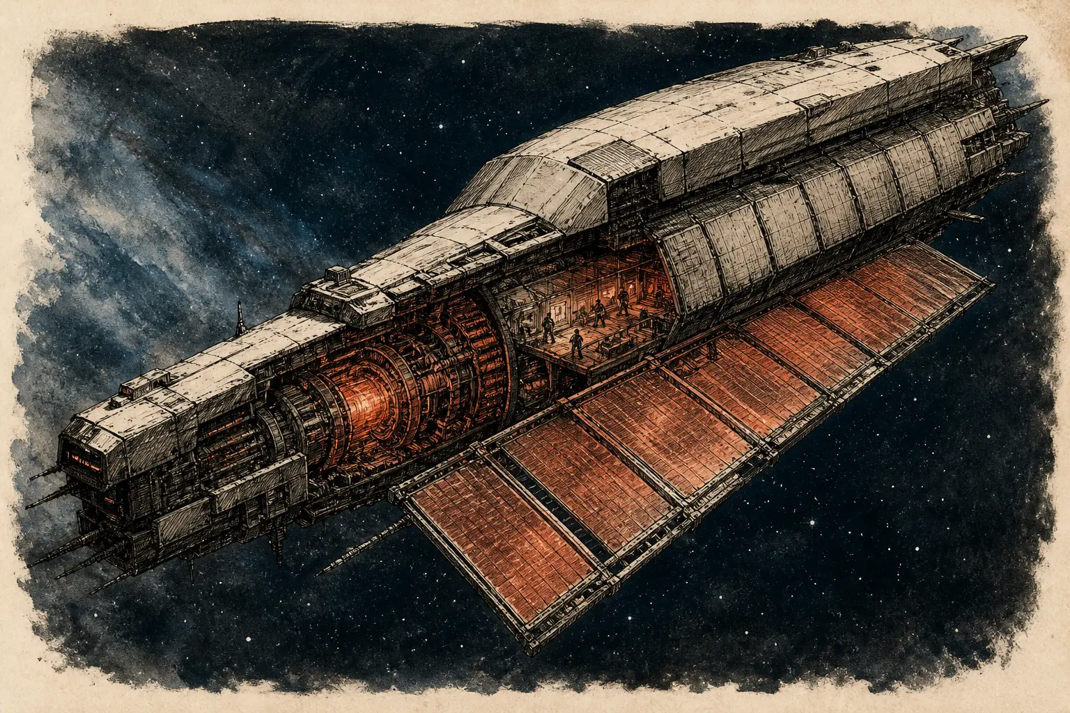 Космический корабль раскрывает нагретые радиаторы