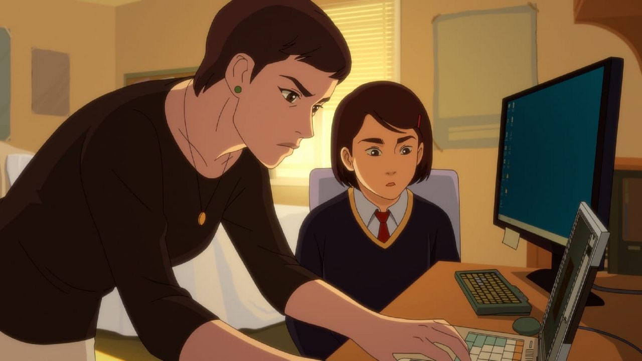 Кадр из сериала Pantheon: Эллен и Мэдди Ким смотрят в экран компьютера