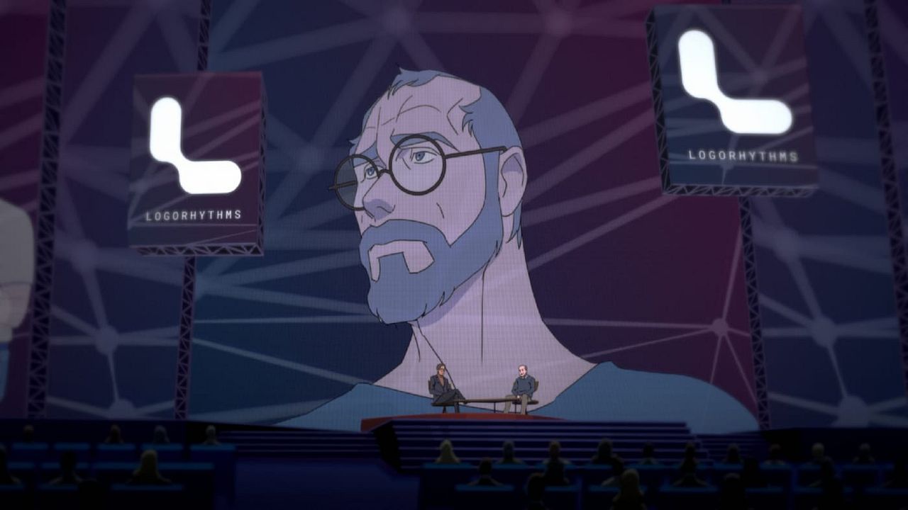 Кадр из сериала Pantheon: презентация Logorhythms с цифровой личностью на огромном экране