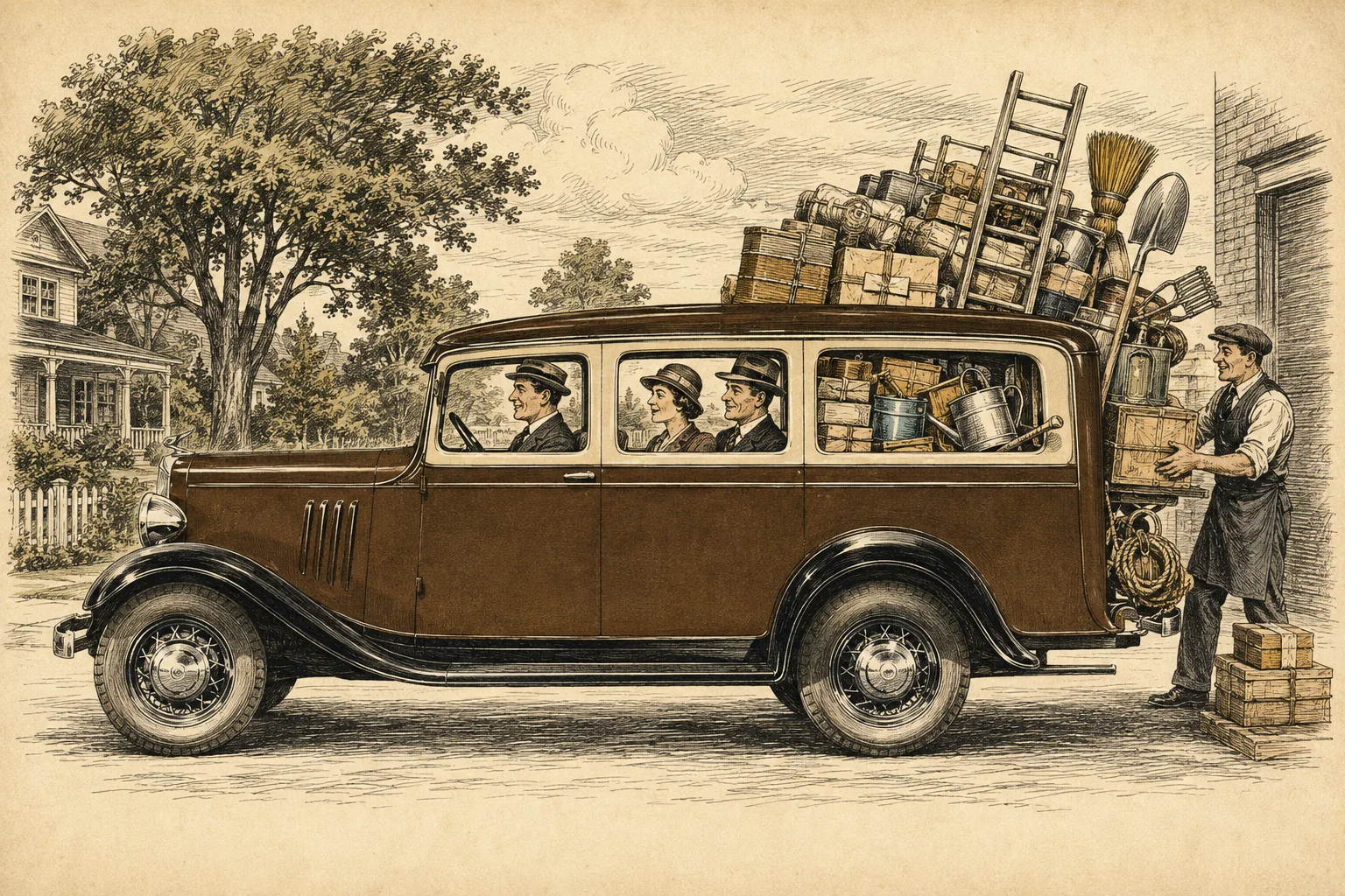 Тушевая иллюстрация: Chevrolet Carryall Suburban 1935 года одновременно перевозит пассажиров и рабочий груз